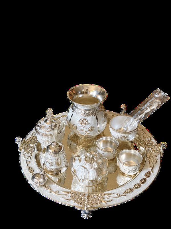 White & Silver Floral Puja Thali Set