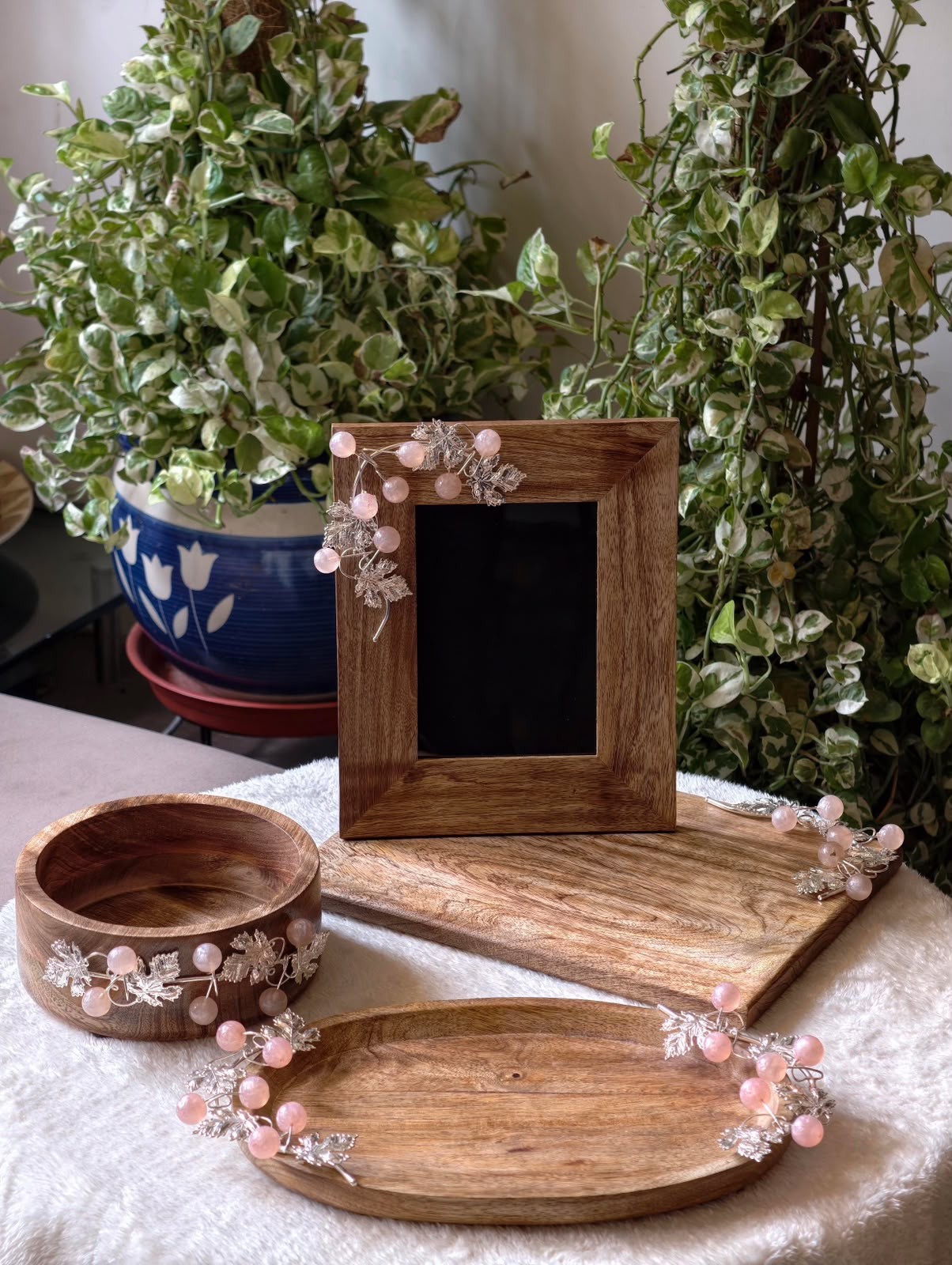 Silver Flowers with Wooden Platters